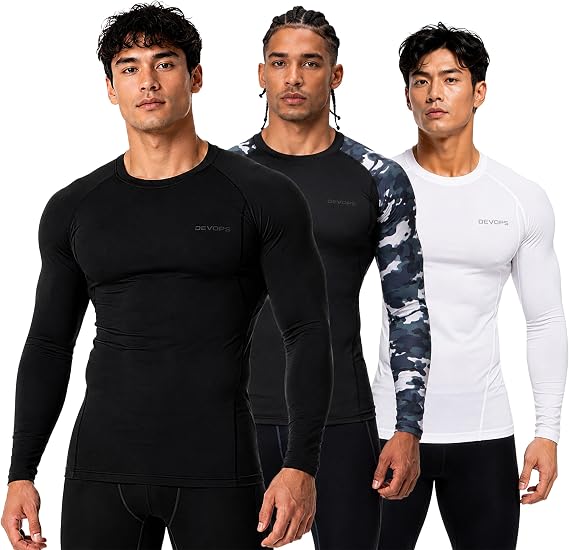 DEVOPS 3 Pack Men's Cool Dry Compression Baselayer Long Sleeve Shirts Top | Compression Fit, Wicking, 4-Way Stretch, Chafing-Free Seams, Running, Workout, UPF 50+
