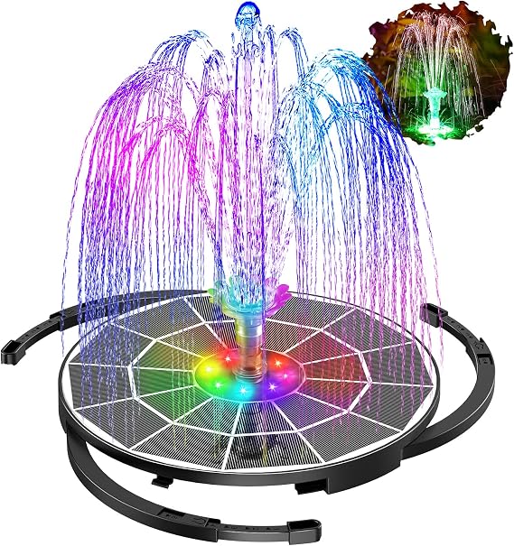 AMZtime 5.5W LED Solar Fountain Pump with Lights for Bird Bath, DIY 100% Glass Solar Panel Powered Water Fountain with 16 Nozzles and 3000mAh Battery and 8 Color LED Lights for Garden Pool Outdoor
