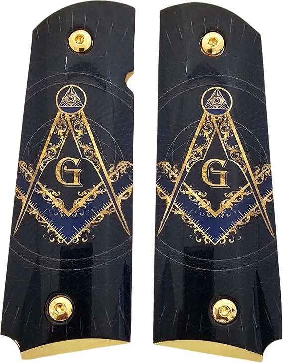 1911 Full Size Steel Grip Panels Square & Compass Inspired (Masonic) UV Printed Artwork with Gold Screws, Gloss Protective Finish