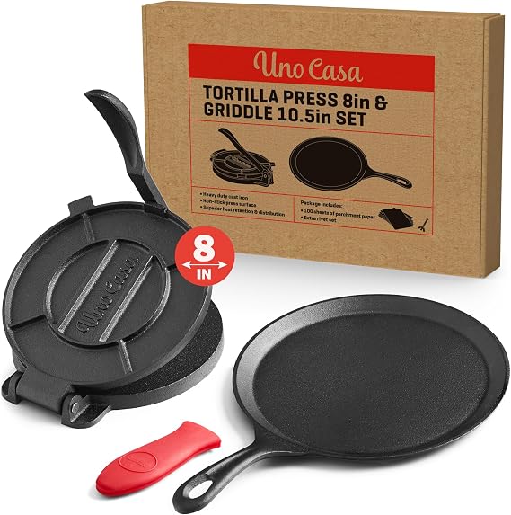 Uno Casa Cast Iron Tortilla Press 8 Inch and 10.5 Inch Comal Pan for Roti