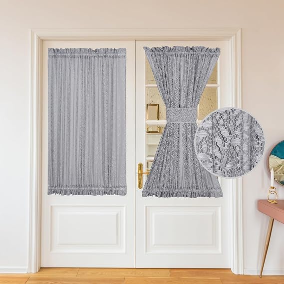 Grey Lace French Door Pocket Voile Curtains, Light Filtering, 2 Panels, 25 x 40 Inch, Tieback Included