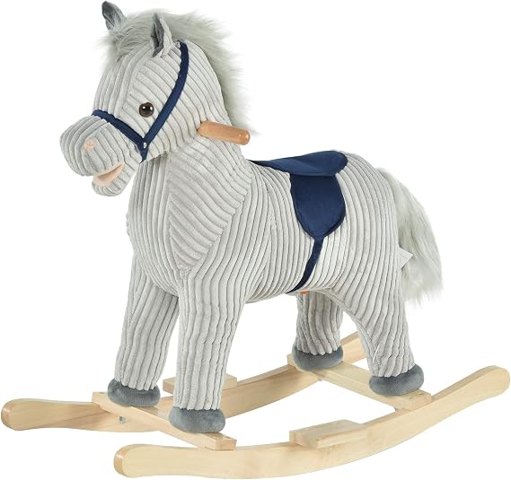 Qaba Kids Rocking Horse for Toddler 3-5 Plush with Realistic Sounds Gray | Ride on Horse, Wooden Rocker