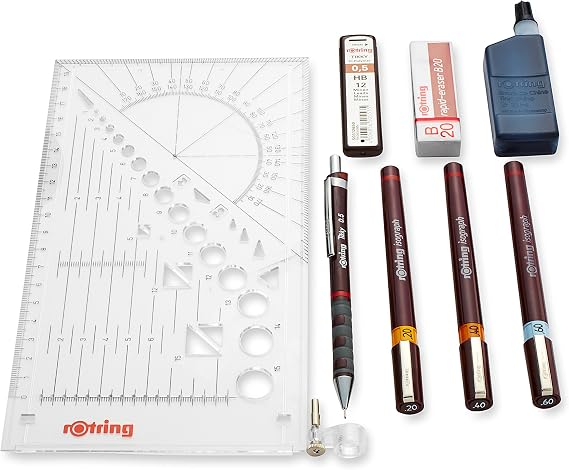 rOtring Isograph Fineliner Pen & Pencil College Set | 3 Technical Pens (0.20mm0.40mm0.60mm) and Mechanical Pencil (0.5mm) + Accessories