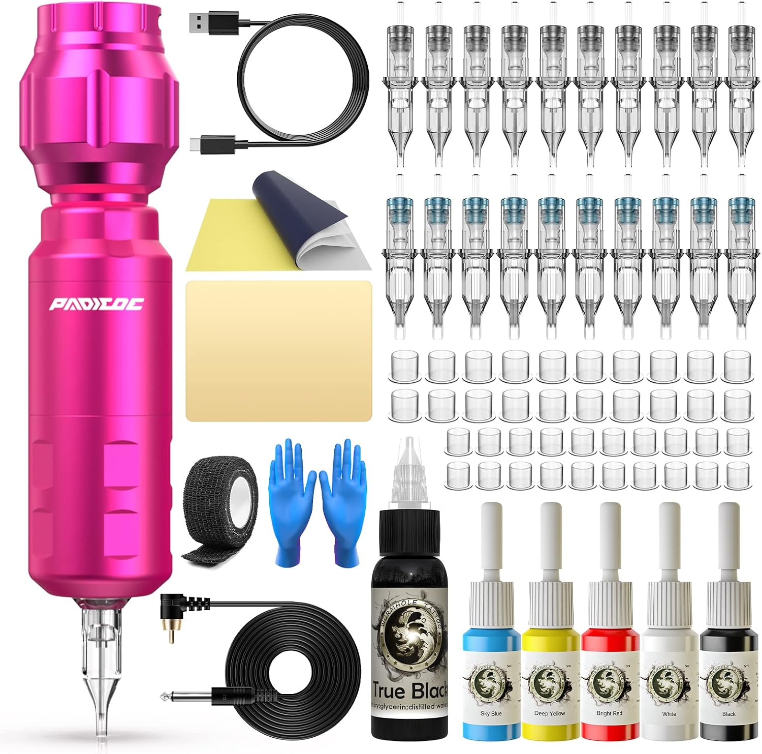 Padieoe Wireless Tattoo Machine Kit Professional Tattoo Kit Tattoo Pen Kit Complete Tattoo Gun Kit Cordless Tattoo Machine 20pcs Tattoo Cartridge Needles Tattoo Supplies for Beginners WTK113 Rose Red