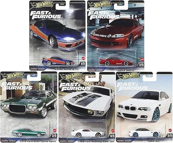 Hot Wheels 2024 Fast & Furious Premium DieCast 5Pack (Mix 2, HNW46956F) | Nissan Silvia S15, Toyota Soarer, Ford Gran Torino, Mustang Boss 302 & BMW M3