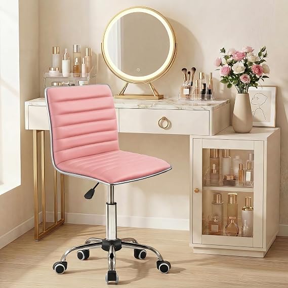 JUMMICO Armless Vanity Office Chair with Wheels, Small Cute Makeup Desk Chair Ribbed Leather Swivel Computer Task Chair (Pink)