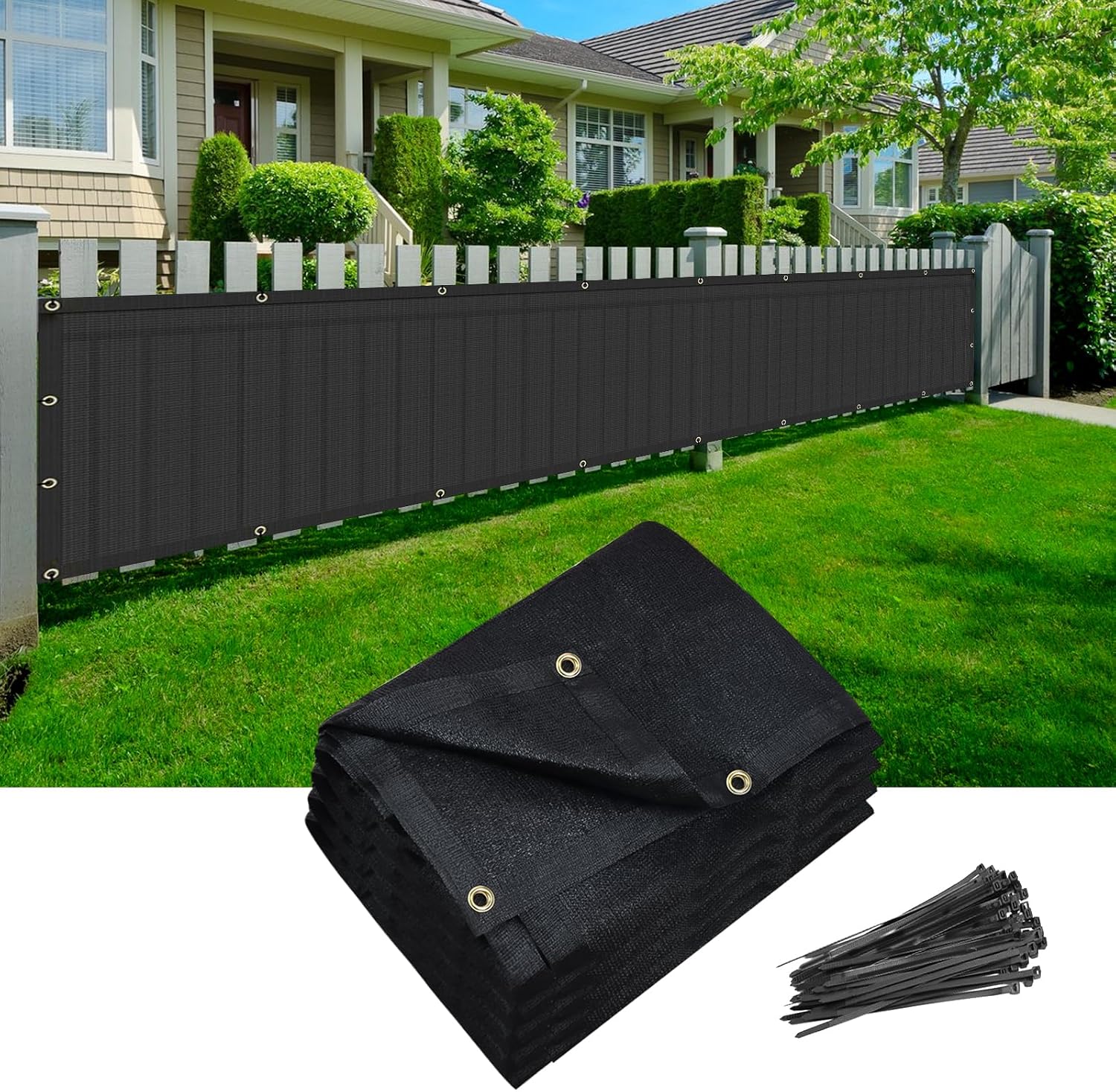 Heyroll Privacy Fence Screen, 5x50ft Shade Cloth Mesh Netting, Fence Covering for PatioYardBalconySunWindy Area, 160 GSM Outdoor Screen With Grommets Cable Zip Ties, Black