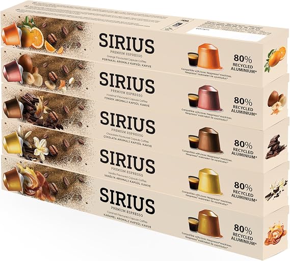 Sirius Premium Flavored Capsule Coffee Set of 5 (Caramel-Vanilla-Chocolate-Hazelnut-Orange)