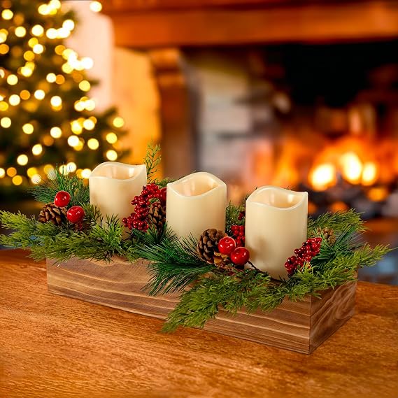 Christmas Table Centerpieces with 3 Flameless LED Candles, Pine Cones and Red Berries, Rustic Wood Candle Holders Centerpiece for Holiday Dining Table, Home, Xmas Party Decoration