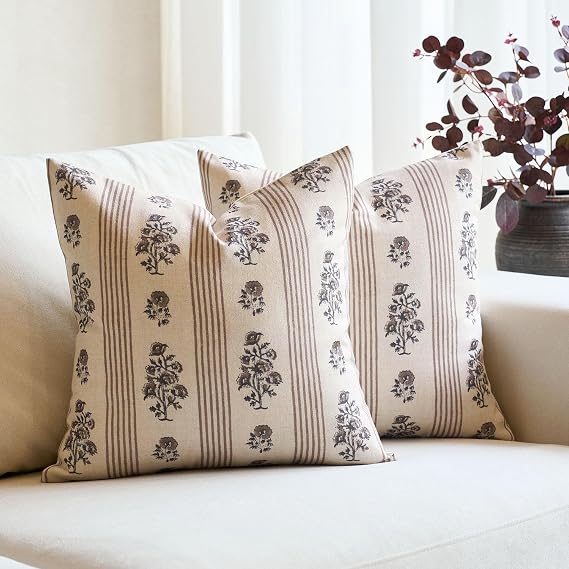 Amor Virisso Farmhouse Floral Throw Pillow Covers 18x18 Set of 2 Block Print Pillow Covers Neutral Boho Floral Striped Decorative Pillow Covers for Sofa Couch Bed, Brown