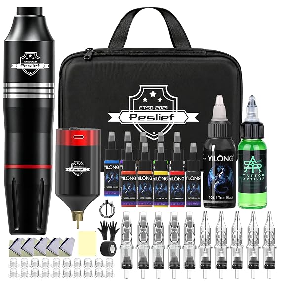 Wireless Tattoo Gun Kit Complete Tattoo Starter Kit Rotary Tattoo Machine | Power Supply, 10 Cartridge Needles, 11 Tattoo Ink, Transfer Paper, All in a Portable Carrying Case for Beginners& Artists