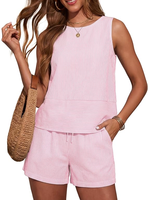 LOMON Women's Trendy 2 Piece Outfits Shorts Sets Summer Crew Neck Sleeveless Tank Top and Bottom Matching with Pockets 2026