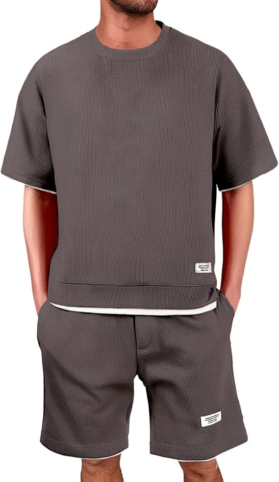 Mens Shorts and T Shirts Sets Solid Color Waffle T-Shirts Elastic Waist Drawstrings Shorts with Pockets Fashion Breathable Jogging Tracksuits Sets Summer Comfy Holiday 2 Piece Outfits