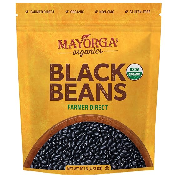 Organic Dry Black Beans by Mayorga, USDA Organic Certified, Gluten-Free, Non-GMO Verified, Direct Trade, Kosher, Frijoles Negros, 10 lb Resealable Bag