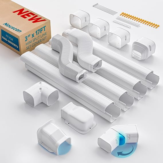 Mini Split Line Set Cover with 2 Flexible Ducts, 3" 17Ft, White | Long Ducts, Fewer Joints, 2 Types of Entry Wall Cover, Lineset Cover for Air Conditioner, HVAC, Heat Pumps, Central AC Pipe