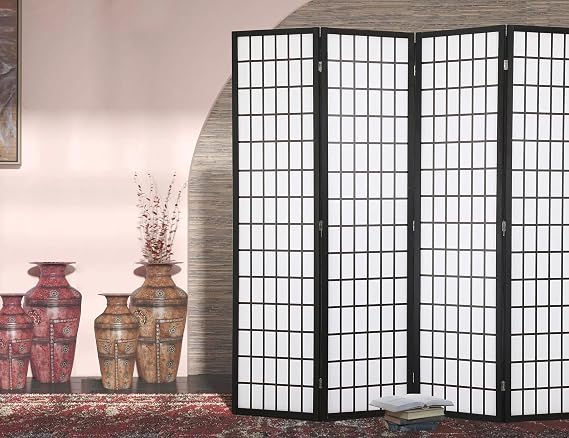 4 Panel Wood Room Dividers and Folding Privacy Screens, Traditional Chinese and Japanese Classic Grid Styling Folding Privacy Wooden Screen, 6 Ft Tall 6 Ft Wide Room Partitions and Dividers