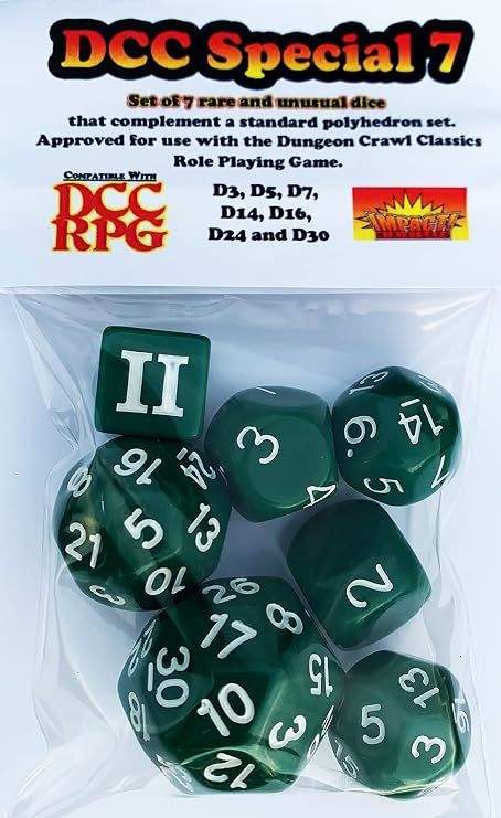 DCC Special 7 - Green - Set of 7 Rare and Unusual RPG dice Approved for use with Dungeon Crawl Classics