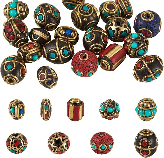 FASHEWELRY 20Pcs Tibetan Style Brass Bohemia Vintage Beads - Synthetic Turquoise Metal Bead Antique Golden Plated Round Oval Barrel Retro Spacer Beads for Jewelry Making Bracelet Necklace DIY Crafts