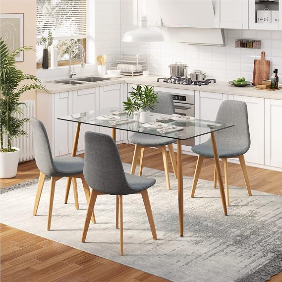 Giantex 5-Piece Dining Table Set with 51" L X 27.5" W Rectangular Kitchen Table, 4 Grey Linen Chairs, Modern Glass Dining Set for Dinner, Dining Room, Living Room, Dinette, Restaurant