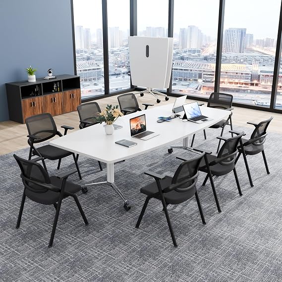 7.8FT Boat Shaped Folding Conference Room Table with Wheels & Power Outlets