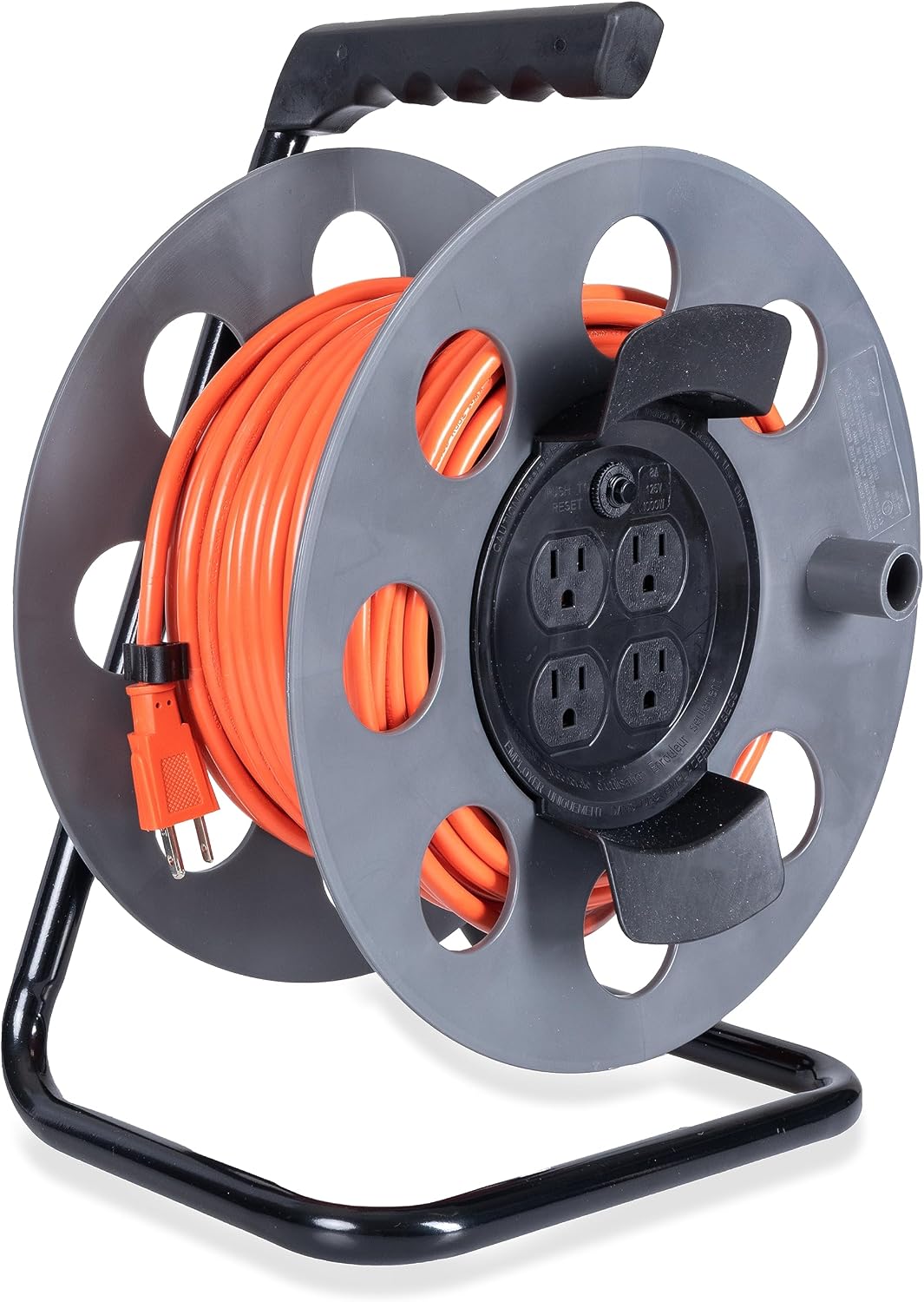 IRON FORGE CABLE 75 Ft Extension Cord Reel with 4 Electrical Power Outlets & Breaker Switch - 163 SJTW Heavy Duty Orange Cable with 3 Prong Grounded Plug, Portable Cord Reel