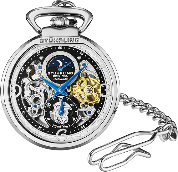 Stuhrling Original Mens Automatic Pocket Watch Skeleton Dial Pocket Watch with Chain Collectible Watch Sun Moon Subdial Vintage Style Battery-Free Pocket Watch for Men Silver Automatic Mechanical