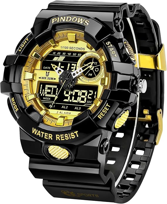 PINIDOUS Herren Uhren für Herren Digitale Sportuhr Gold Uhren wasserdichte Uhren mit 3 Alarmen/Countdown/Stoppuhr/Digital-Analog/Doppelzeit/Licht/Militär Multifunktions-Armbanduhr