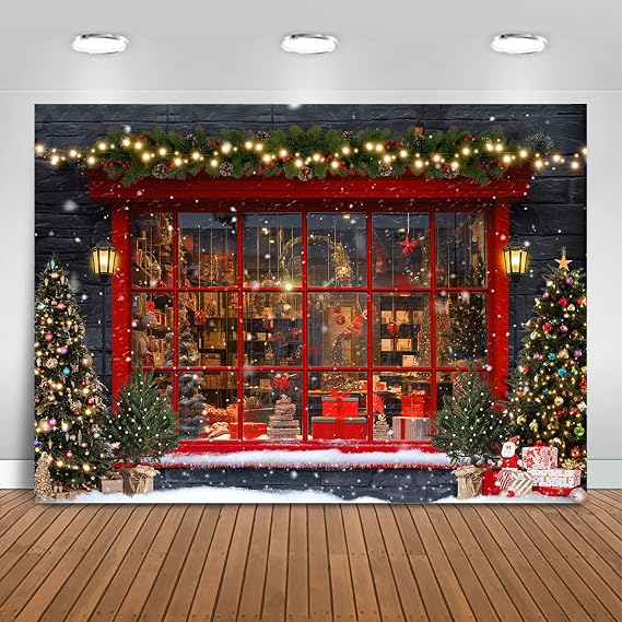 Mocsicka Merry Christmas Party Backdrop Christmas Window Santa Toy Shop Party Decorations Xmas Tree Background for Photography Photo Booth Props (Red, 7x5ft(82"x60"))