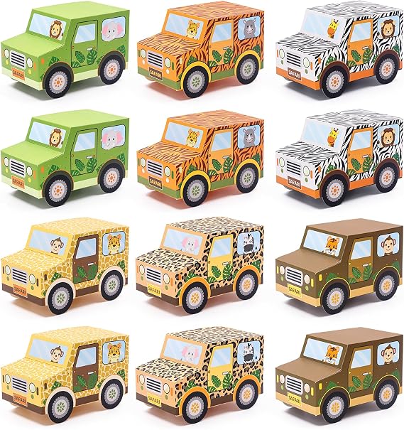 Bessmoso Set of 12 Jungle Party Favor Boxes Safari Party Decorations Truck Shaped Treat Boxes for Teenager Happy Birthday Baby Shower Wild One Goodies Candy Gift