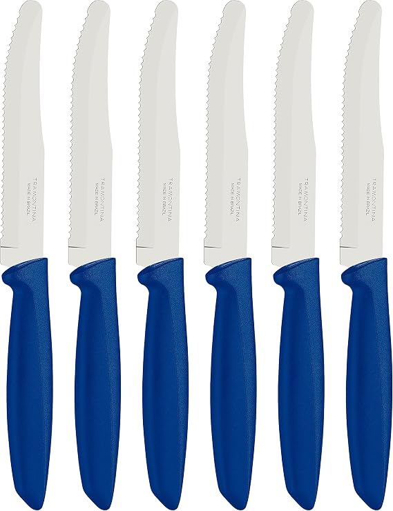 Tramontina Kitchen Knives Set of 6, Serrated Fruit Tomato Cooking Knife, Vegetable Chopper Peeler, Stainless Steel, Multipurpose, Rounded Tip, Blue, 23498155