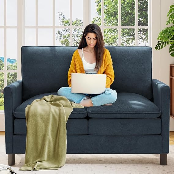 Welzona 3-Layers Cloud Loveseat Sofa, 51" Small Couch for Living Room, Bedroom - Tool-Free Assembly with Teddy Fabric Small Sofa - Blue Grey - Futon Couch - Removable Washable Covers - 650lbs Capacity