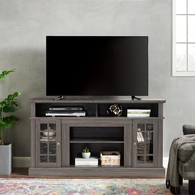 Modern Entertainment Center Console for TV Up to 65 with Open Storage Space, Classic TV Media Stand with 2 Storage Cabinet and Adjustable Shelves for Living Room 58.25W15.75D32H-Gray