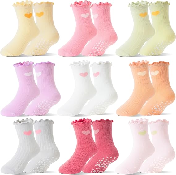 Baby Girls Toddlers Ruffle Grip Socks for Kids Non Slip Anti Skid Frilly Cute Funny Cotton Crew Socks 9 Pairs