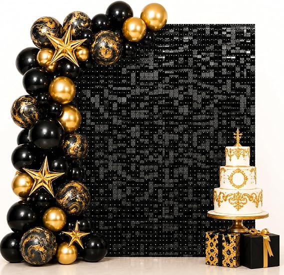 Light Black Shimmer Wall Backdrop, 30cm×30cm×24 Pcs Square Sequin Panels