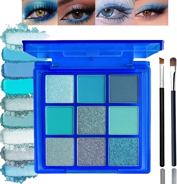 Blue Eyeshadow Palette, 9 Cool-Toned Matte Shimmer Shades, 2 Brushes