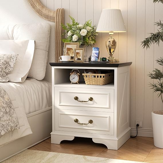 Unikito Farmhouse Nightstand with Charging Station, Antique White