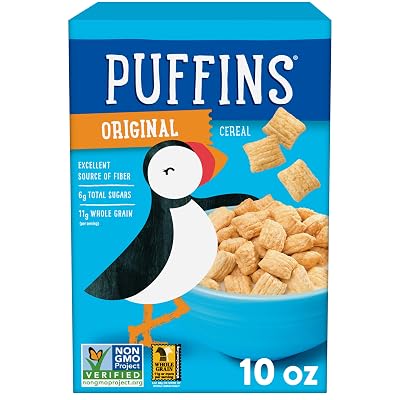 Original Puffins Cereal, Puffed Kids Cereal with Corn and Oats, Vegan, Kosher, Non-GMO Project Verified, 10 OZ Box