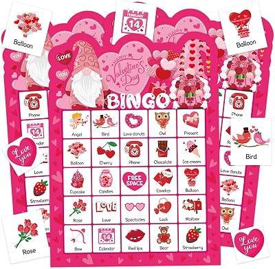 Valentines Day Bingo Game, 24 Players Valentines Bingo Cards Valentines Day Bingo Set Valentines Day Bingo Game Cards for Large Group Classroom Family Activity Valentine Party Supplies
