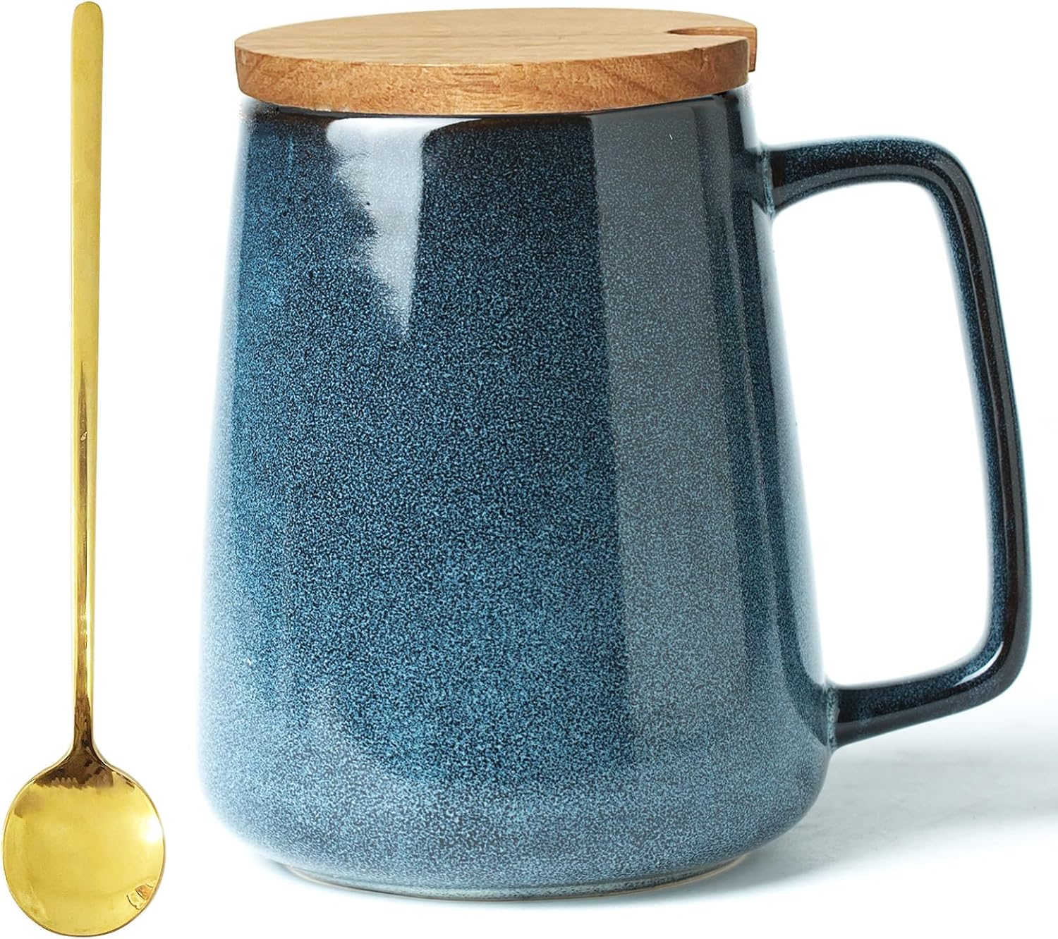 24 OZ Extra Large Ceramic Coffee Mug, with Spoon and Wooden Lid, Big Tea Cups with a Large Handle for Office and Home, Microwave and Dishwasher Safe 24 oz Blue Set