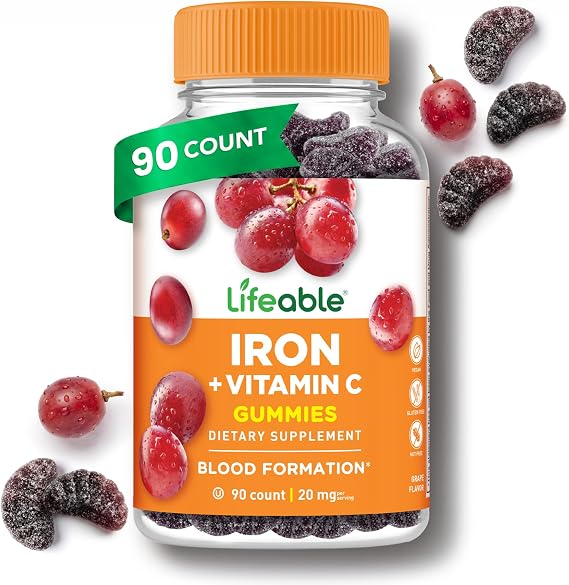 Lifeable Iron Gummies for Women and Men, 20 mg with Vitamin C, Vegan, 90 Ct