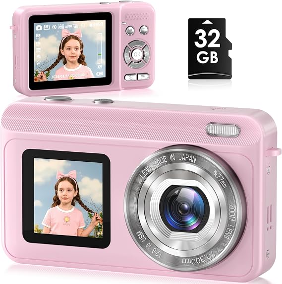Digital Camera, Real 2.7K Dual-Screen Digital Camera for Photography Auto-Focus Vlogging Camera for YouTube Video 16x Zoom 32GB SD Card Anti Shake Compact Camera for Student Teen Boys Girls Kids