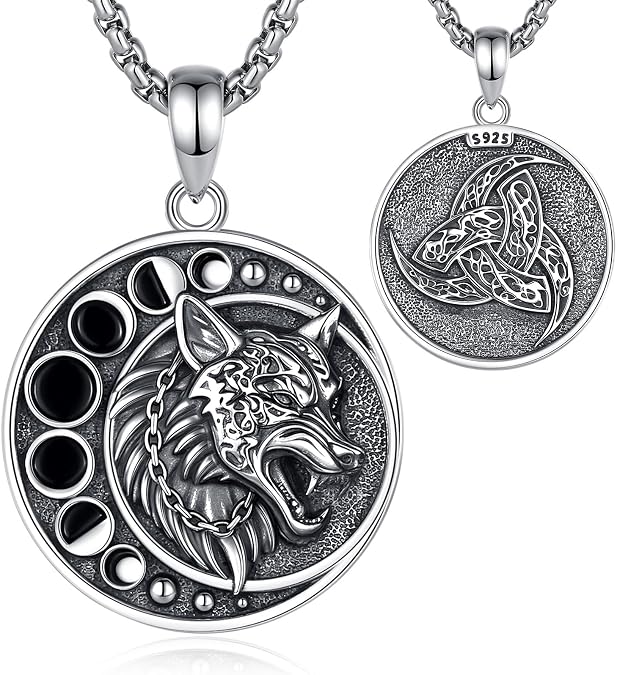 EUDORA Sterling Silver Wolf Moon Phases Dragon Phoenix Necklace for Women Men,Norse Mythology Viking Wolf Crescent Triskele Yggdrasil Pendant Vintage Jewelry Gifts for Women Men