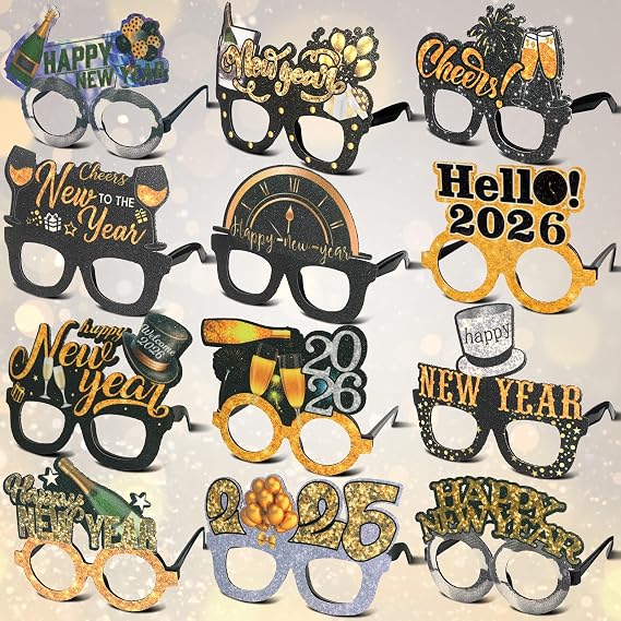 Mega-L 12 Pcs Happy New Year Eyeglasses, 2026 New Year Party Favors Glasses