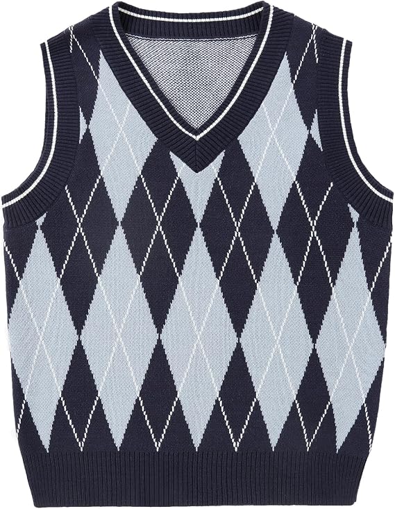 Boys Argyle Sweater Vest V-Neck Uniform Sleeveless Vest Kids Over Size Casual Knit Sweaters for Children 5-14Y