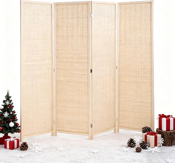 Room Dividers and Folding Privacy Screens, 4 Panel 72 Inch Tall Fold Up Portable Room Partition Divider, Handwork Bamboo Mesh Woven Design Wall Divider Freestanding for Bedroom, Livingroom(Natural)