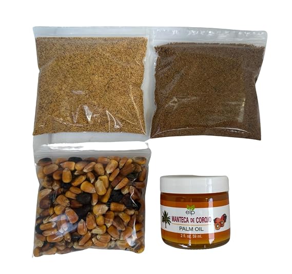 Pescado Ahumado, Jutia, Maiz y Corojo 2 oz Elegua Offering Kit | Includes Smoked Fish, Smoked Jutia, Roasted Corn and Palm Oil. Traditional offering kit for Elegua, Ifa and Yoruba practices.