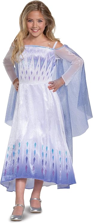 Disney Frozen 2 Elsa Costume for Girls, Deluxe Dress and Cape Outfit, Child Size Medium (7-8), White, Blue