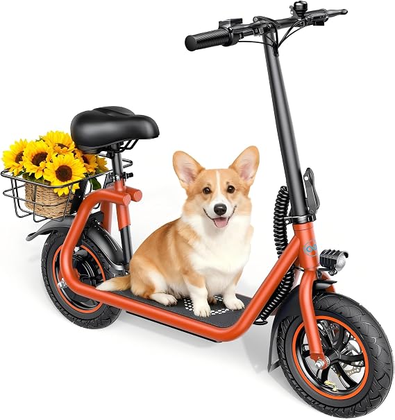 AWWSCOOTER C1 Electric Scooter with Seat for Adults, 450W Motor, 20-Mile Range, 16 MPH, Foldable Commuter E-Scooter with Basket for Grocery, Pets, and Daily Commute Classic Orange