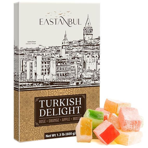 Eastanbul Turkish Delight, Turkish Delights Candy Assorted Flavor, 21.2oz | Rose, Orange, Apple, Mastic Flavor, Lokum, Plain, Loukoumi, Narnia Gifts, Sweet Traditional Confectionery, Soft Candy Dessert