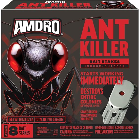 Amdro Ant Killer Bait Stations, 8-Pack Stakes- Indoor or Outdoor Use, Kills the Queen & the Entire Colony | Ready-to-use, pre-filled, adhesive strips for cabinets, floors & walls, ant bait traps indoor
